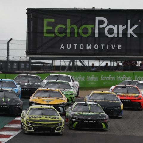 William Byron, NASCAR Cup Series driver of the No 24 Hendrick Motorsports Chevrolet, leads the field through turn one during the March 24, 2024 EchoPark Automotive Grand Prix at Circuit of The Americas in Austin, Texas.