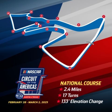 The EchoPark Automotive Grand Prix NASCAR Cup Series race at Circuit of The Americas on Sunday, March 2, will run 95 laps on the new National Course layout.