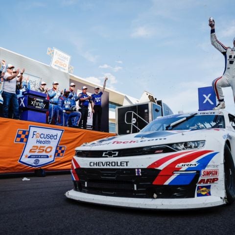 Connor Zilisch celebrates in Victory Lane after winning Saturday’s Focused Health 250 NASCAR Xfinity Series race at Circuit of The Americas.